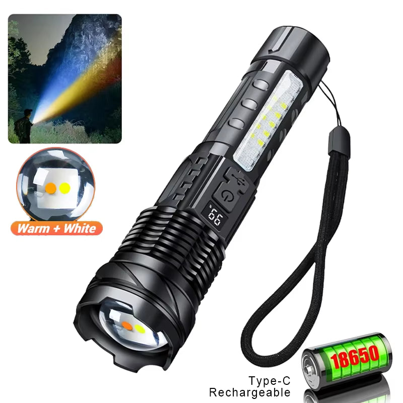 Ultra-Bright XHP50 LED Flashlight - Waterproof 18650 Torch with 7 Versatile Modes for Camping and Fishing - USB Rechargeable with Adjustable Zoom