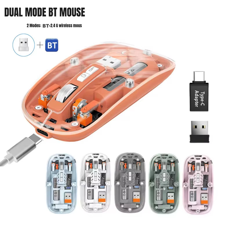Sleek Transparent Wireless Mouse - Dual Mode Bluetooth & 2.4G Rechargeable, Noiseless Design for Ultimate Comfort and Precision