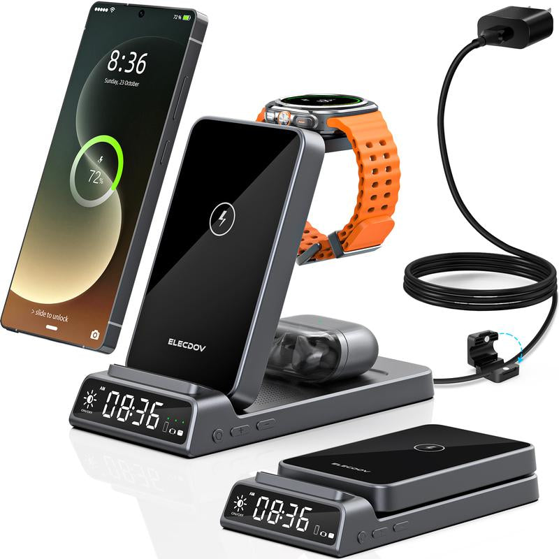 5-In-1 Wireless Charging Station with Digital Clock, Foldable for Easy Storage, and Equipped with a USB-C Port—Compatible with Iphone, Android Devices, Samung Watch, and Airpods. ELECDOV Ce20S—The Perfect Gift.