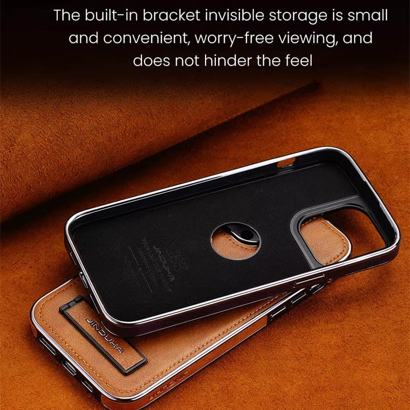 Elevate Your Style with the Luxury Plating Bumper Leather Folding Kickstand Phone Case for iPhone 16, 15, 11, 12, 13, 14 Pro Max Plus - Slim Metal Holder Cover