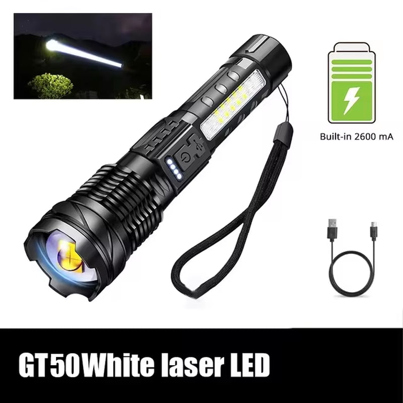 Ultra-Bright XHP50 LED Flashlight - Waterproof 18650 Torch with 7 Versatile Modes for Camping and Fishing - USB Rechargeable with Adjustable Zoom