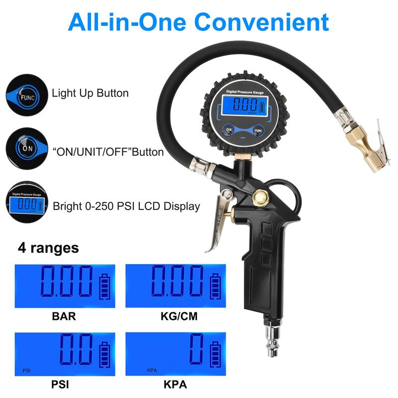 Precision Digital Tire Pressure Gauge with Inflator - Ultimate 0-250 PSI Monitoring Tool for SUVs, Trucks, and Cars