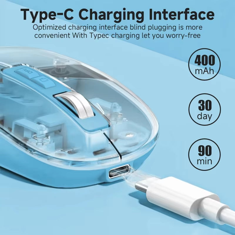 Sleek Transparent Wireless Mouse - Dual Mode Bluetooth & 2.4G Rechargeable, Noiseless Design for Ultimate Comfort and Precision