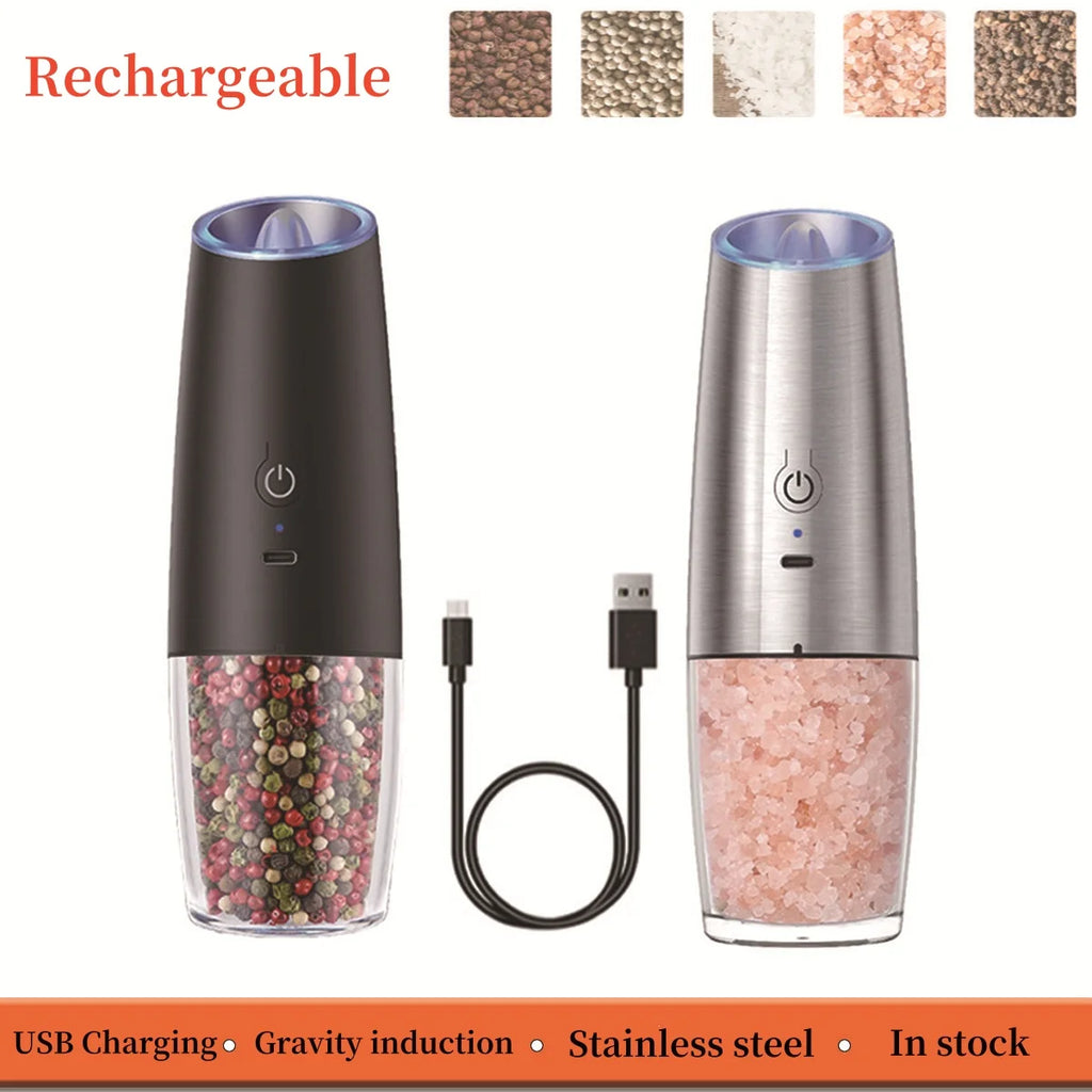 Revolutionary Gravity Induction Electric Salt and Pepper Grinder Set - USB Rechargeable Spice Shakers for Effortless Seasoning!