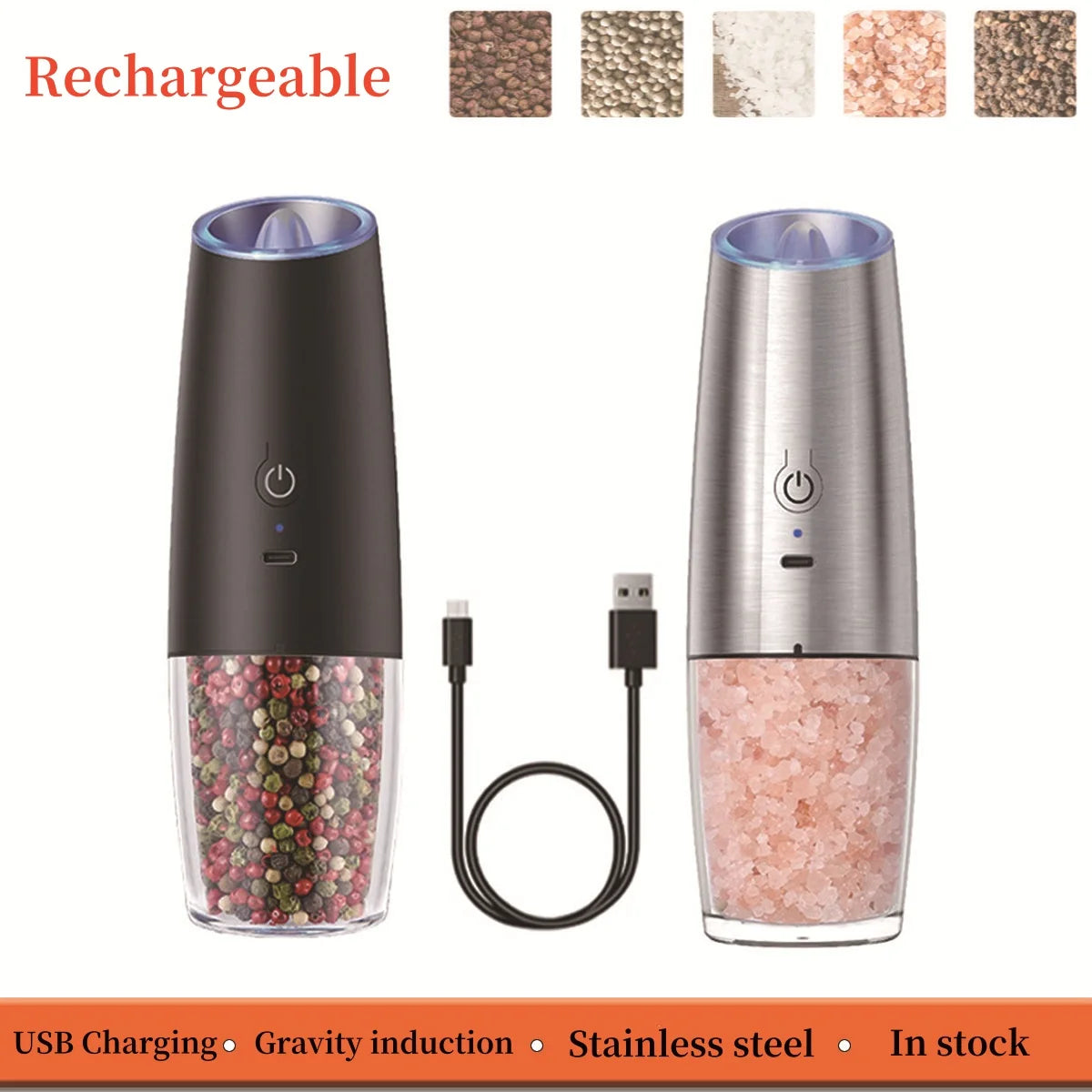 Revolutionary Gravity Induction Electric Salt and Pepper Grinder Set - USB Rechargeable Spice Shakers for Effortless Seasoning!