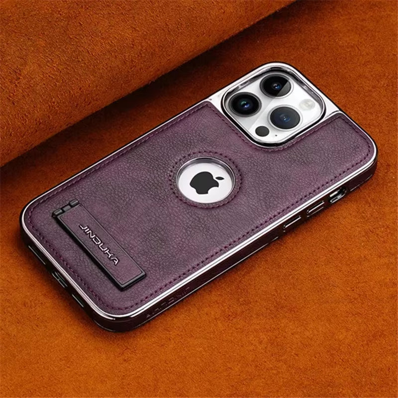 Elevate Your Style with the Luxury Plating Bumper Leather Folding Kickstand Phone Case for iPhone 16, 15, 11, 12, 13, 14 Pro Max Plus - Slim Metal Holder Cover