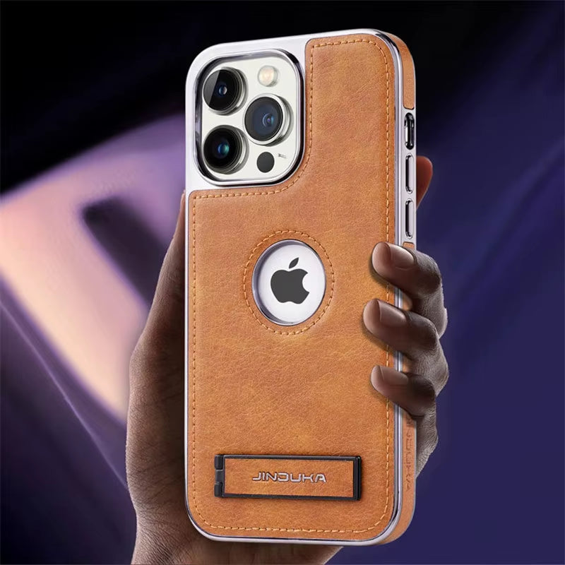 Elevate Your Style with the Luxury Plating Bumper Leather Folding Kickstand Phone Case for iPhone 16, 15, 11, 12, 13, 14 Pro Max Plus - Slim Metal Holder Cover