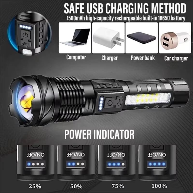 Ultra-Bright XHP50 LED Flashlight - Waterproof 18650 Torch with 7 Versatile Modes for Camping and Fishing - USB Rechargeable with Adjustable Zoom
