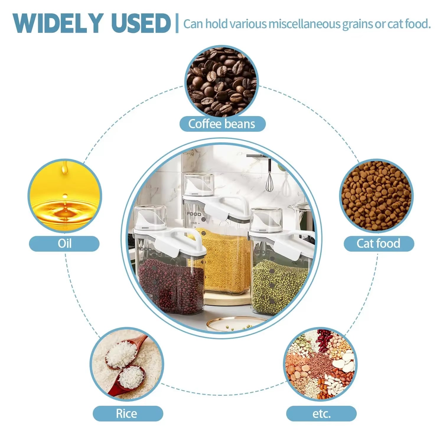 1Pc Cereal Containers Storage, Airtight Grain Jar with Measuring Cup Kitchen Organizers for Oatmeal, Grain, Flour, Pet Food