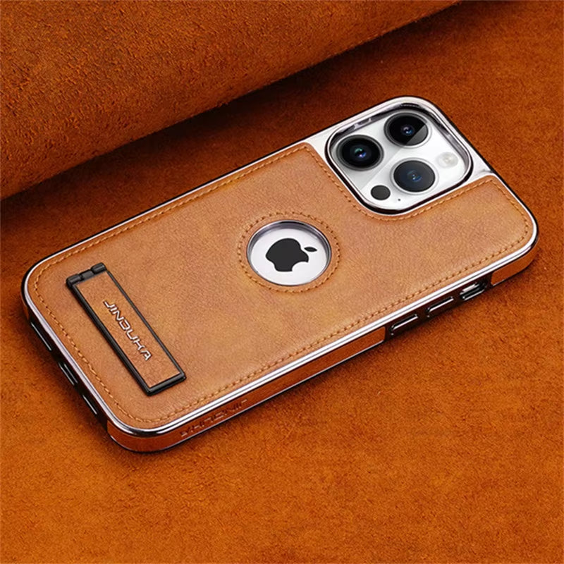 Elevate Your Style with the Luxury Plating Bumper Leather Folding Kickstand Phone Case for iPhone 16, 15, 11, 12, 13, 14 Pro Max Plus - Slim Metal Holder Cover