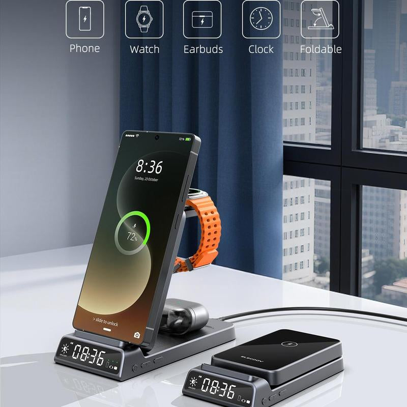 5-In-1 Wireless Charging Station with Digital Clock, Foldable for Easy Storage, and Equipped with a USB-C Port—Compatible with Iphone, Android Devices, Samung Watch, and Airpods. ELECDOV Ce20S—The Perfect Gift.