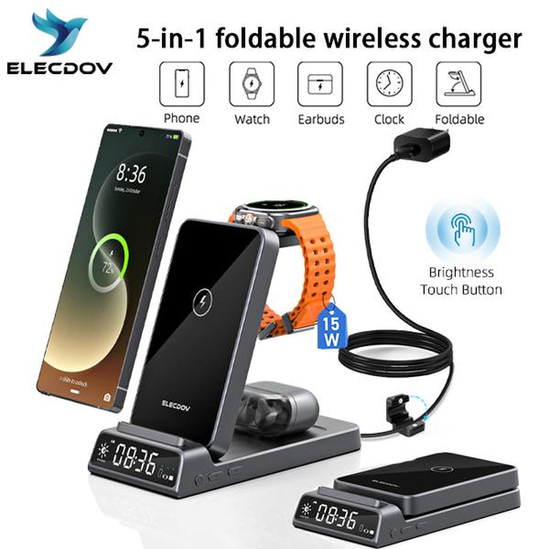 5-In-1 Wireless Charging Station with Digital Clock, Foldable for Easy Storage, and Equipped with a USB-C Port—Compatible with Iphone, Android Devices, Samung Watch, and Airpods. ELECDOV Ce20S—The Perfect Gift.
