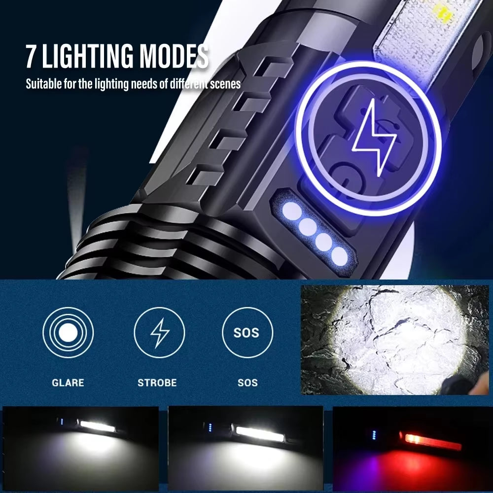 Ultra-Bright XHP50 LED Flashlight - Waterproof 18650 Torch with 7 Versatile Modes for Camping and Fishing - USB Rechargeable with Adjustable Zoom