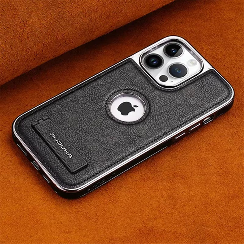 Elevate Your Style with the Luxury Plating Bumper Leather Folding Kickstand Phone Case for iPhone 16, 15, 11, 12, 13, 14 Pro Max Plus - Slim Metal Holder Cover