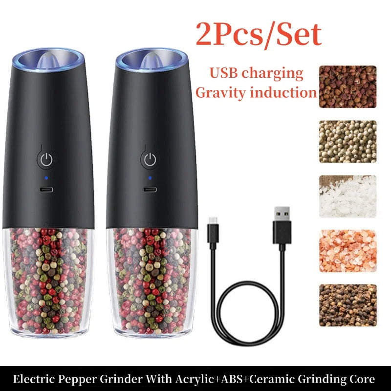 Revolutionary Gravity Induction Electric Salt and Pepper Grinder Set - USB Rechargeable Spice Shakers for Effortless Seasoning!