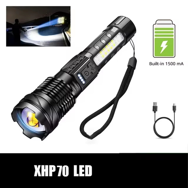 Ultra-Bright XHP50 LED Flashlight - Waterproof 18650 Torch with 7 Versatile Modes for Camping and Fishing - USB Rechargeable with Adjustable Zoom
