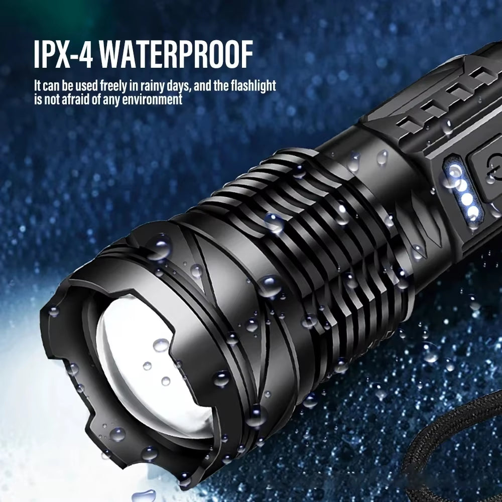 Ultra-Bright XHP50 LED Flashlight - Waterproof 18650 Torch with 7 Versatile Modes for Camping and Fishing - USB Rechargeable with Adjustable Zoom